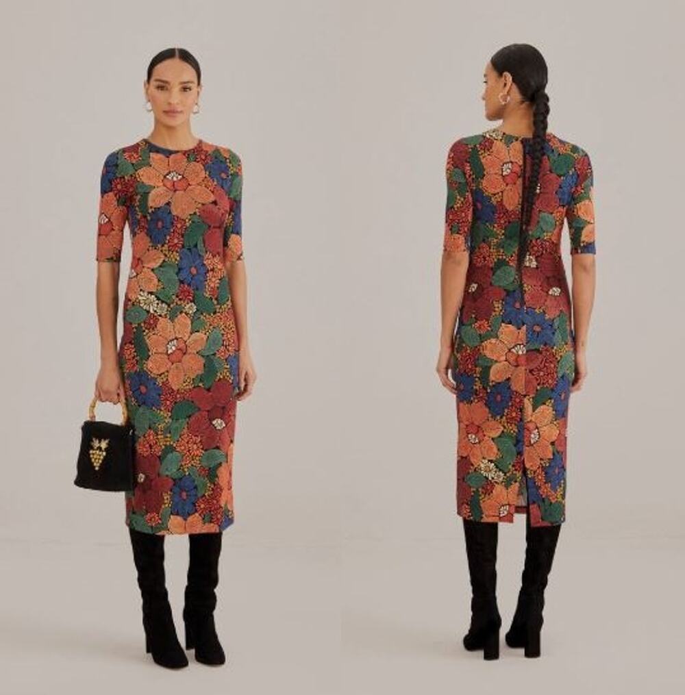 Farm Rio Stitched Flowers Midi Dress Black Size Small